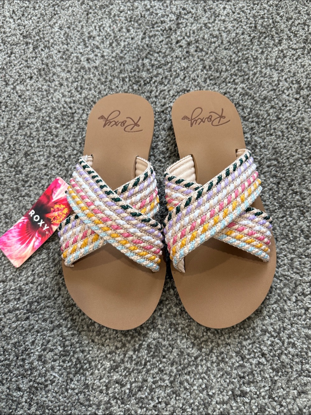 Roxy Tan Footbed Slide Sandals with Multicolor Braided Straps
